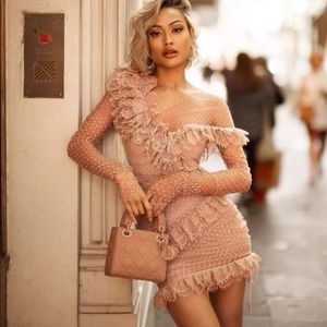 House of CB SORREL BLUSH lace frill mini dress